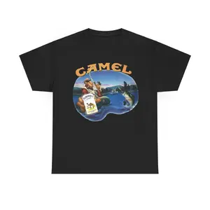 Camel Smoking Joe Fly Fishing White Tee Shirt, Vintage Promo Tee From The 90s Y2k Era,  Womenswear Menswear Cotton Fabric Fit
