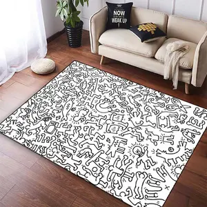 Keith Haring Art-Inspired Black &White , Exclusive Keith Haring Rug, Polyester, Printed Artful Rug