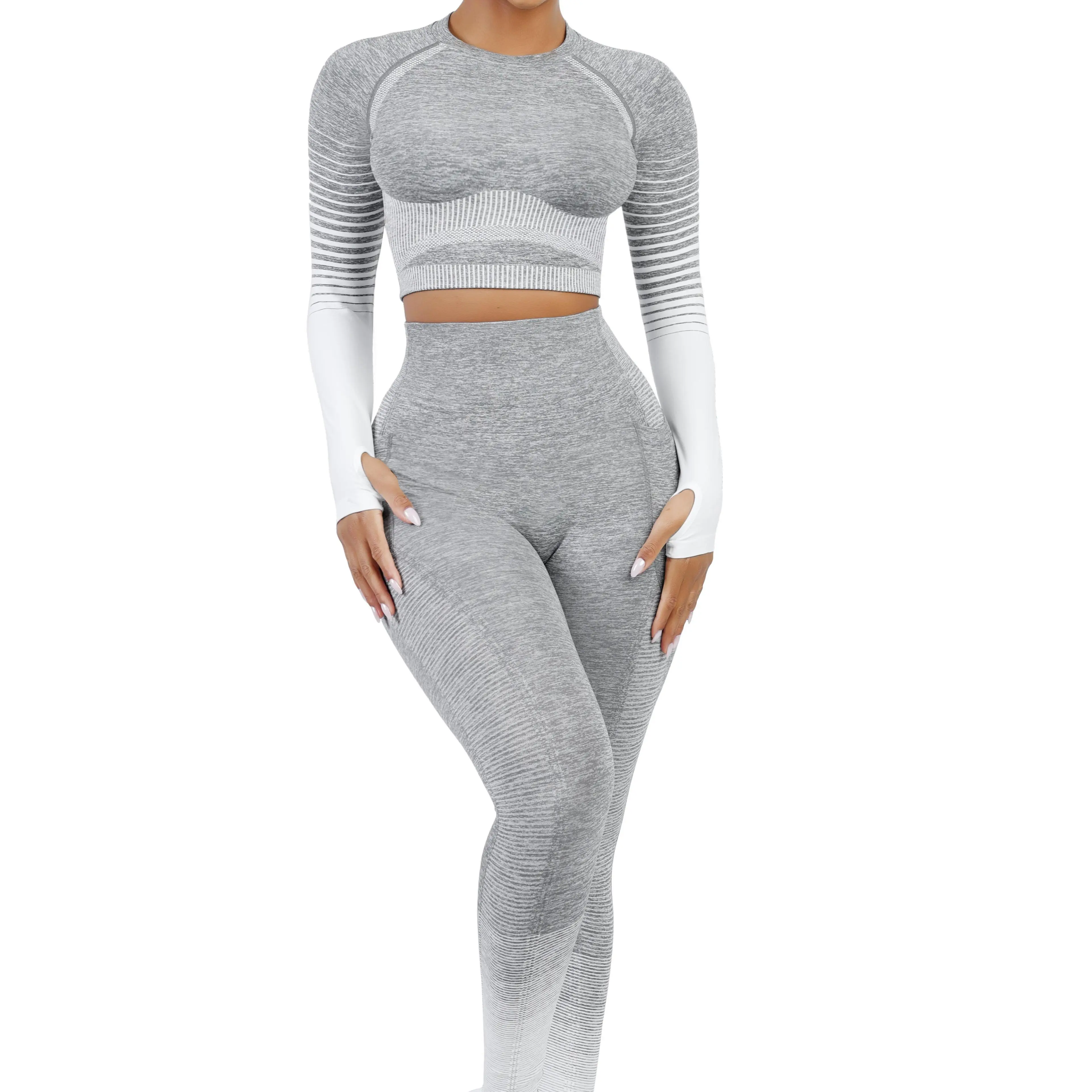 FeelinGirl Workout Sets for Women 2 Piece Long Sleeve Gym Outfit Yoga Set Crop Top High Waist Legging with Pocket dealsforyoudays