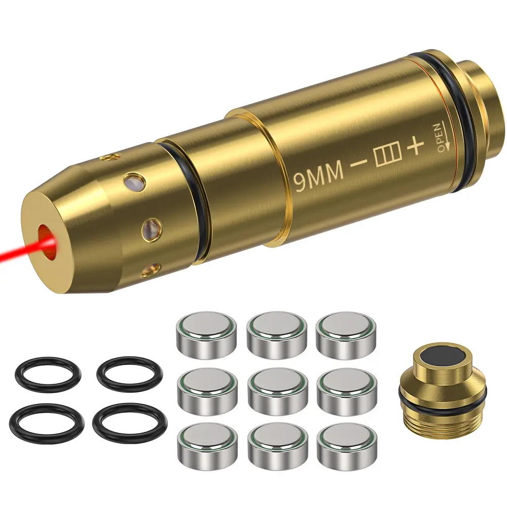 1PC , 9mm Dry-Fire Laser Trainer  -  Laser Trainer for Dry Fire Training - Brass Finish for Durability - 9 Batteries Included - Aperture Aiming - Less Than 5mw Laser Power - Save money- Improve Shooting Ability - Durable