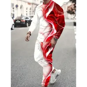 [2pcs Geometric Sweatsuit Set] 2pcs Men's Fashion Geometric-Patterned Polyester Sweatsuit Set, Crew Neck Long Sleeve T-Shirt & Drawstring Joggers, Casual To Athletic Wear For Gym, Running, Training, Party, Beach, Golf - Spring/Fall Collecti