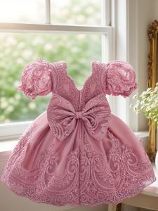 girls elegant embroidery lace trim bubble sleeve dress bow decoration dress for formal occasion birthday party photography banquet