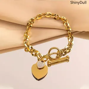 Titanium Steel Heart Bracelet - Gold Chain with Cubic Zirconia Pendant & OT Clasp for Women