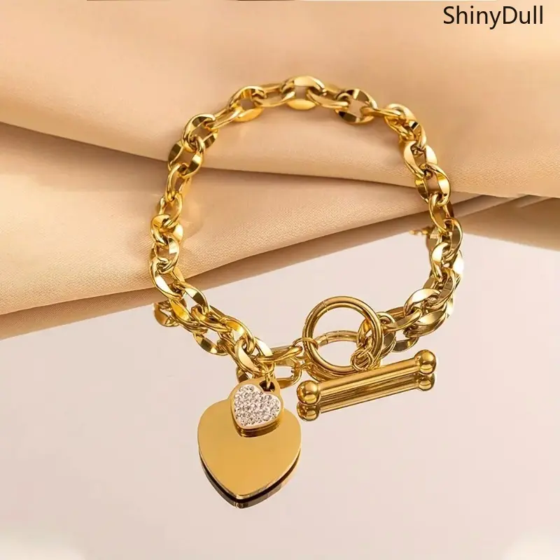 Women's Dainty Heart Lock Bracelet in Gold-Tone Titanium Steel, Elegant Jewelry with OT Clasp and Sparkling Cubic Zirconia Charms, Bracelets Jewelry, Elegant Jewelry Bracelet
