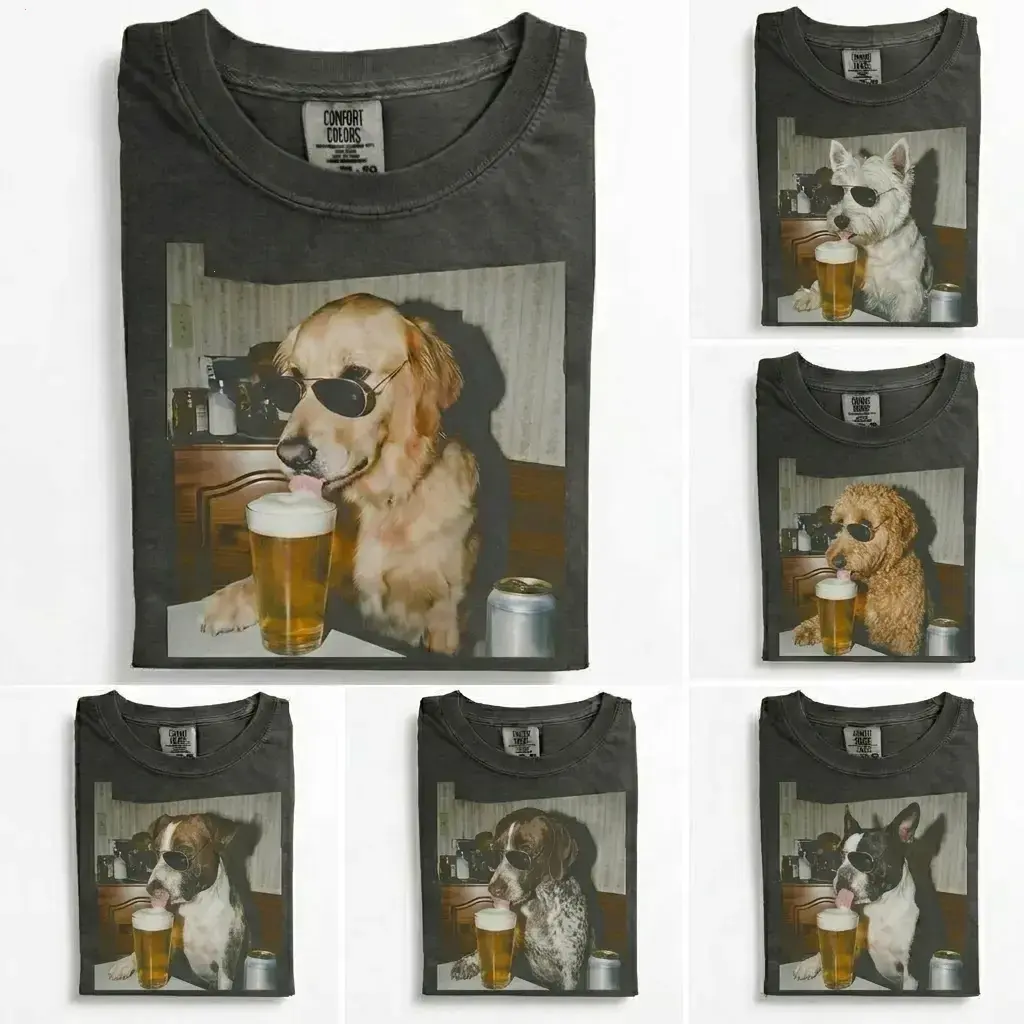 Comfort Colors 50+ Dog Breeds Available Drinking Beer Shirt, Vintage 90s Funny Edgy Dog Meme Tee, Unisex Fit Design, Casual Streetwear, Gift for Dog Lovers Menswear Top