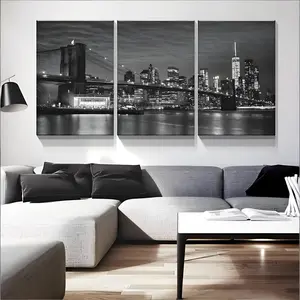 (3 Piece Set) Black White New York City Nightscape Poster Brooklyn Bridge Manhattan Skyline Wall Art Painting Bedroom Living Room Hallway Home Decor Unframed