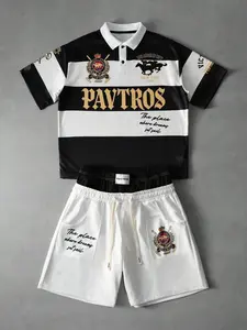 Men's American preppy style badge embroidered T-shirt and shorts set (two-piece set), polo collar short-sleeved T-shirt, knitted sportswear, suitable as a holiday gift, Striped
