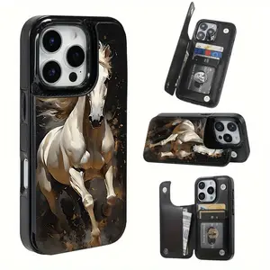 A leather cardholder phone case with a strong white horse pattern, suitable for iPhone 17 Air/16 Plus/15 Pro Max/14 Pro/13/12/11/XS Max/X phone case, perfect choice for Thanksgiving and Christmas gifts for family, friends, lovers, boyfriends, girlfriends