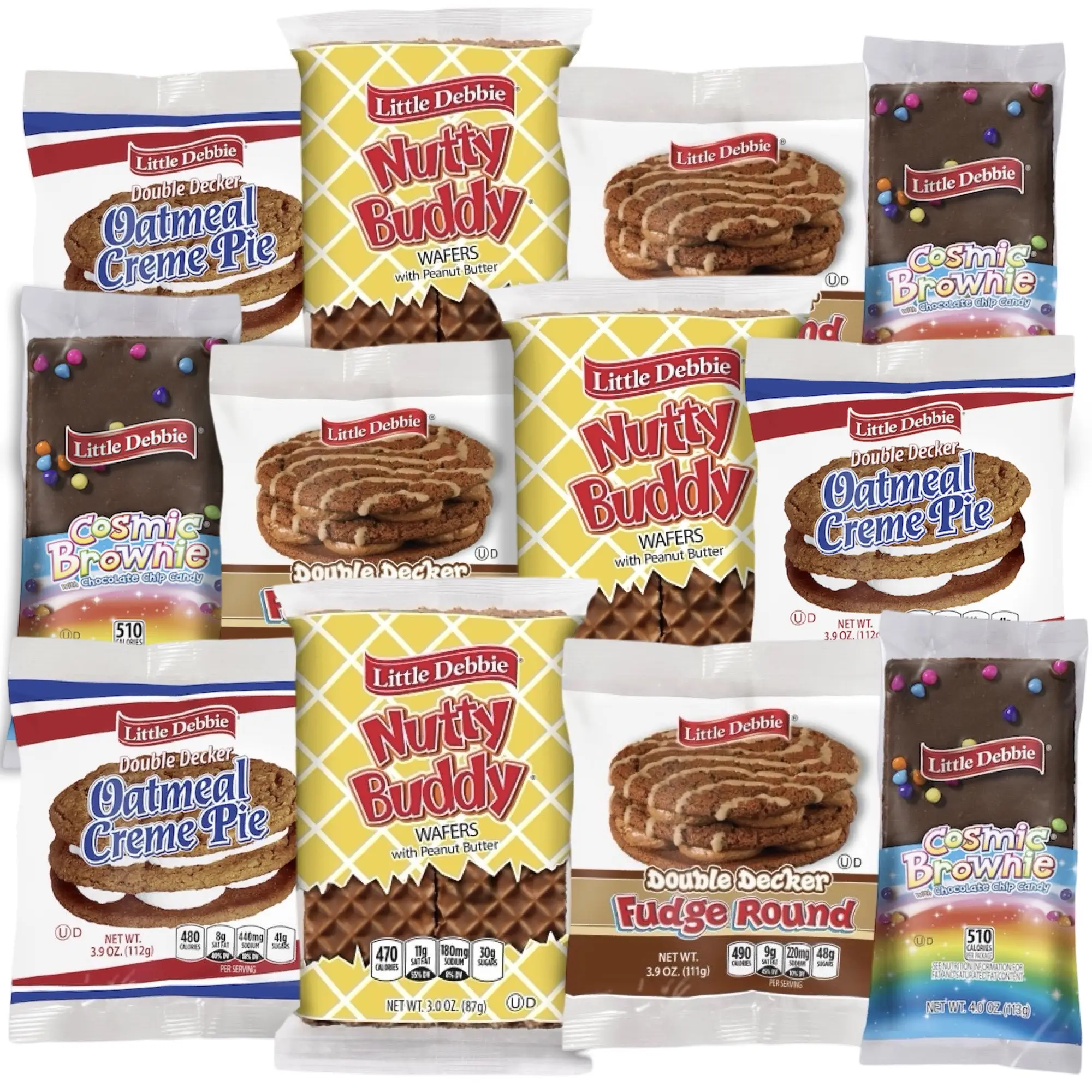12 Pack Little Debbie Variety, Cosmic Brownie, Oatmeal Doubler Decker, Fudge Doubler Decker and Nutty Buddy, Single Serve Packs