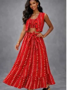 African Print 3-Piece Skirt Set – Red Ankara Crop Top, Vest & High Waist Maxi Skirt Outfit