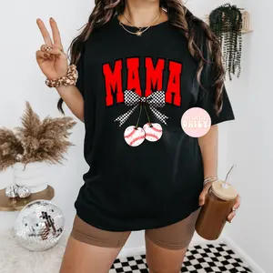 Mama baseball cherries and checkered bow shirt/sweatshirt