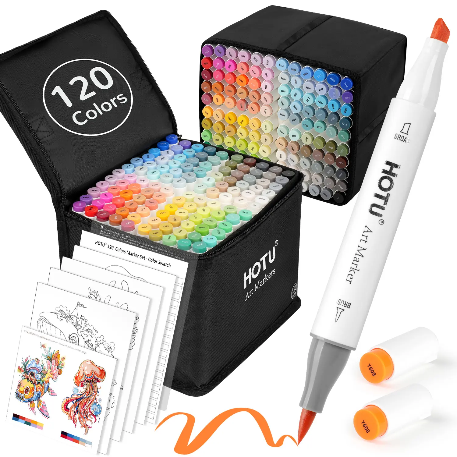 HOTU 120-Color Alcohol Markers Set with Dual Brush & Chisel Tips for Artists, Cardmaking - Soft Nylon Brush Tip, Quick-Drying Ink, Anti-Bleed Pad, Colorless Blender, Swatch Card, Sturdy Canvas Bag, Office Writing Supplies, Anime Art