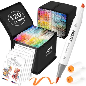 HOTU 120-Color Alcohol Markers Brush & Chisel Dual Tips Set for Artists - Soft Nylon Brush Tip, Quick-Drying Ink, Anti-Bleed Pad, Colorless Blender, Swatch Card, Sturdy Canvas Bag, fun desk supplies, pen outdoorfun