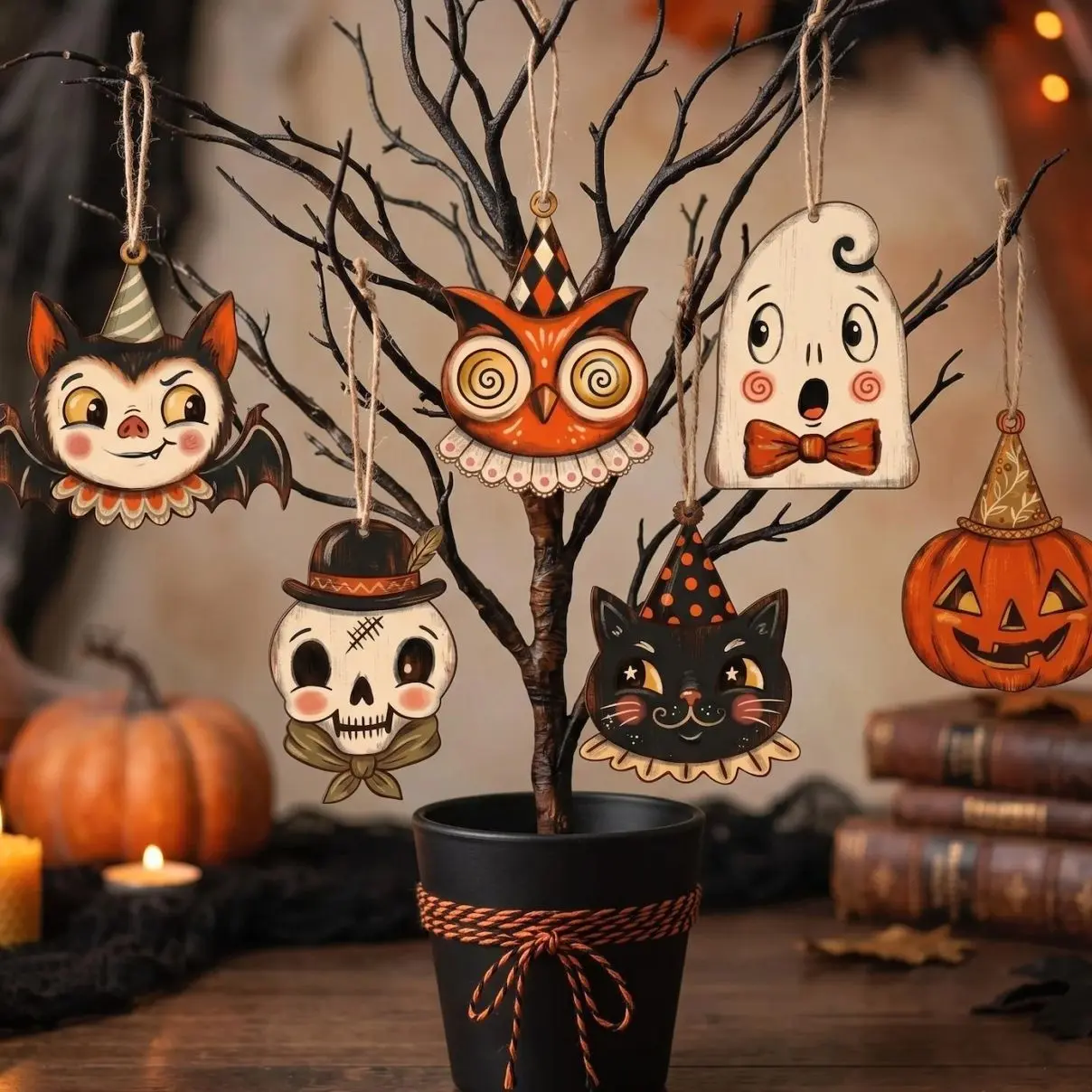 Mini Halloween Ornaments For Small Tree, Vintage Halloween Decor Indoor With Vampire, Cute Ghost, Pumpkin, Black Cat, Skeleton, Witch Owl