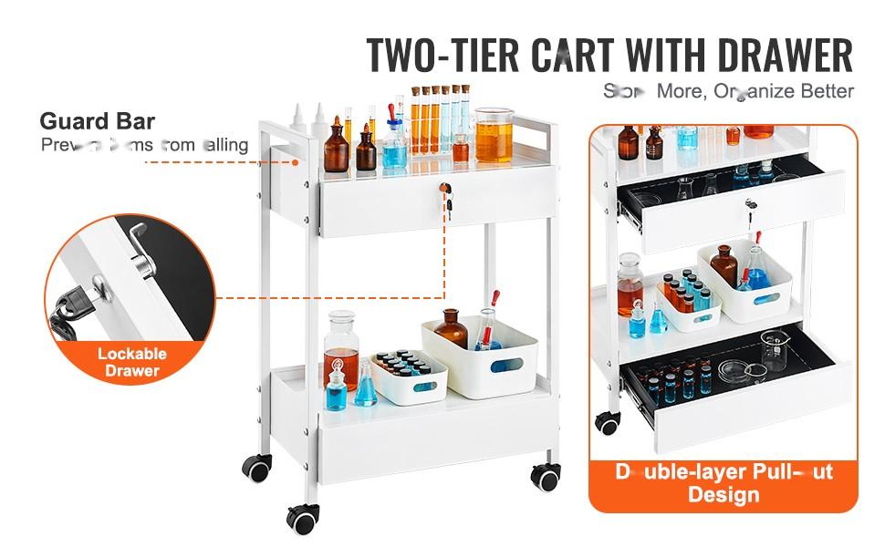 Lab Cart 2-Tier Stainless Steel Utility Cart, Medical Cart With 2 Drawers, Rolling Laboratory Cart In White Finish, Servicing And Transport Cart With Smooth Swivel Casters For Laboratory, Hospital, Dental Clinic, Salon And Beauty