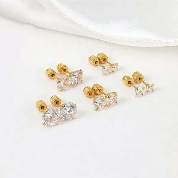 5 Pairs Gold-Tone Round CZ Diamond Cartilage Piercing Earrings, 4-8mm Multi Size Flat Back Screwless Ear Studs for Women Men Daily Ear Lobe Helix Piercing Jewelry