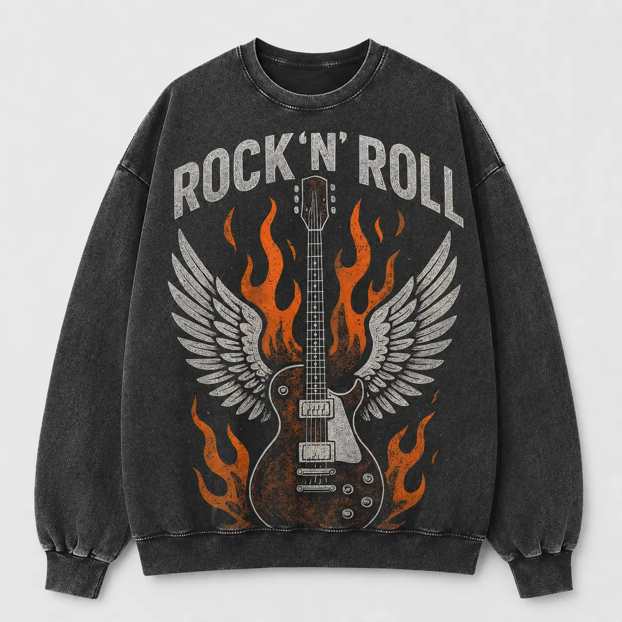 Menswear Winged Flame Electric Guitar Graphic Sweatshirt - Men's Ribbed Crew Neck Long Sleeve Washed Fabric Pullover, Retro Streetwear Outfits, S-5XL Black Top