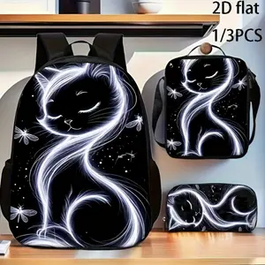 3Pcs Glowing Black Cat Print Backpack Set Durable 600D Oxford Cloth School Bag Insulated Lunch Box & Pencil Case Combo Adjustable Breathable Strap Large Capacity Fits 15in Laptop for Kids Teens School Travel Outdoor Use