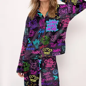 Jinx Graffiti Satin Pajama Set For Women Print Comfy Satin Sleepwear & Loungewear Pjs Printing Silky Top & Bottoms - SHESHOW