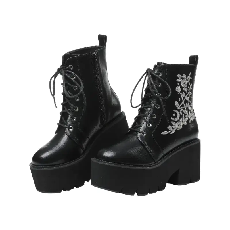 Women's Embroidered Gothic Ankle Round Toe Lace-Up Platform Heel Combat Booties - Side Zipper Footwear, Statement Shoes, Ankle Boot