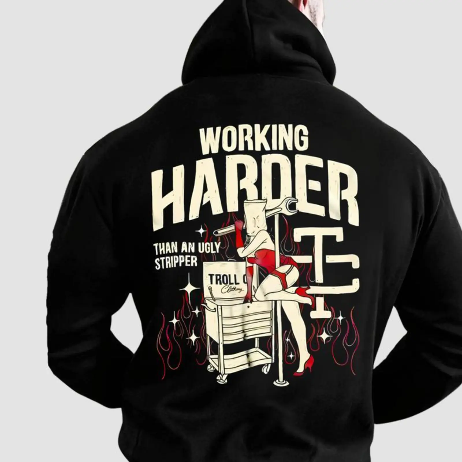 Troll C0 Working Harder Than An Strlpper Casual Portrait Hoodie Men Streetwear Daily Outfit All Season Pullover, Fast Same-Day Shipping, Trendy Urban Aesthetic Casual Wear For Everyday Street Look
