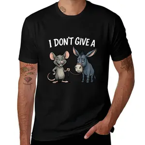 SummitRush Funny "I Don't Care" Mouse and Donkey Graphic T-Shirt - 180g Cotton Short Sleeve Crew Neck Casual T-Shirt, Machine Washable Humor Design