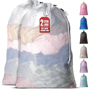 Handy Laundry Mesh Laundry Bags 24 x 36 Inches, 2-Pack - Extra Large Heavy Duty Bag with Handles & Shoulder Strap, Breathable, Machine Washable for Dorm, Travel, Bedding & Storage - White