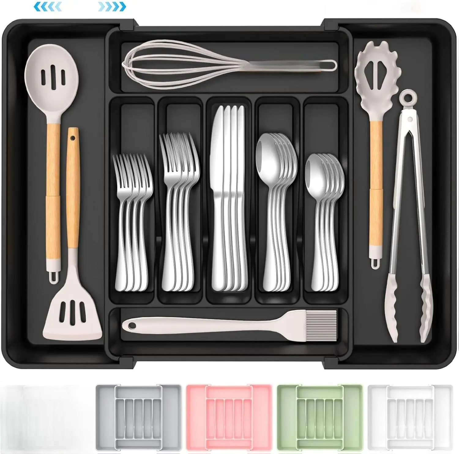 Extra Large Expandable Silverware Organizer, BPA-Free Food-Safe Cutlery Flatware Organizer, Kitchen Utensil Drawer Organizer, Adjustable Silverware Holder for Spoons Forks Knives, Black