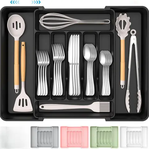 Extra Large Expandable Silverware Organizer, BPA-Free Food-Safe Cutlery Flatware Organizer, Kitchen Utensil Drawer Organizer, Adjustable Silverware Holder for Spoons Forks Knives, Black