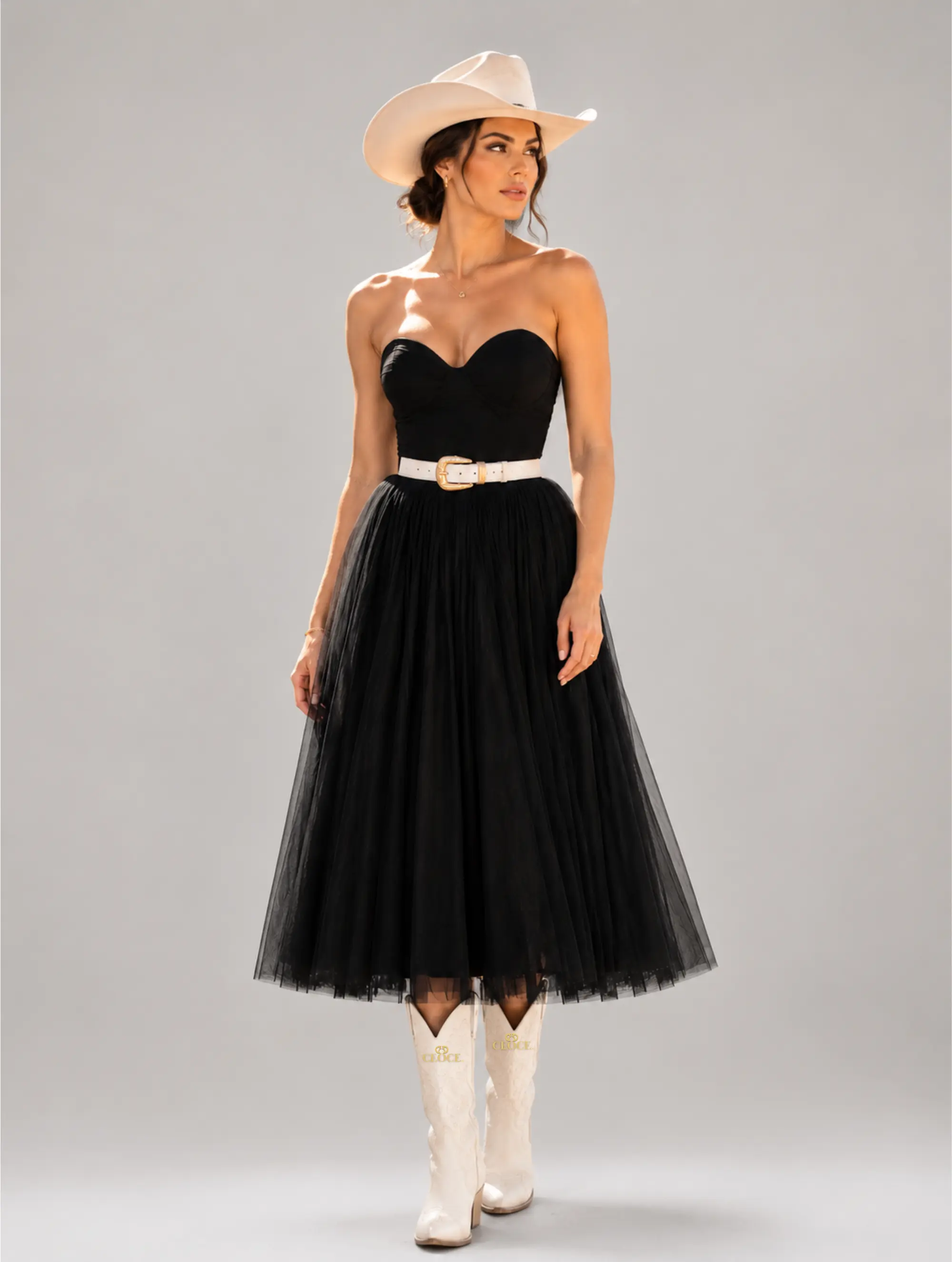 Women’s Black Tulle Midi Dress Strapless Sweetheart Western Formal Dress for Cowboy Boots Country Wedding Rodeo Party