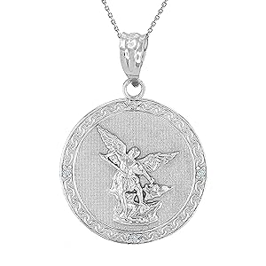 .925 Sterling Silver Saint Michael The Archangel White Cubic Zirconia Accented 1” Medal Pendant Necklace with Rolo Chain and Pendant only