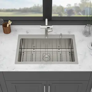 30 Inch Drop-in Topmount Kitchen Sink Single Bowl 16 Gauge Stainless Steel Basin with Pull-out Faucet and Soap Dispenser, 30 x 22 x 10 Inch Brushed Nickel Satin Finish Undermount Compatible Kitchen Sink for Laundry Bar Prep Room