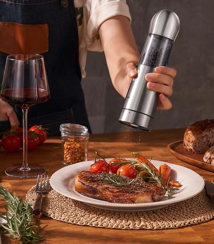 [Large Capacity and Stainless-Steel ]  Electric Salt and Pepper Grinder Set of 3 with Wireless Charging,Stainless-Steel ,3.2oz Larger Rechargeable Automatic, One Hand Button Use, Adjustable Coarseness, Easy Clean, parents Gift