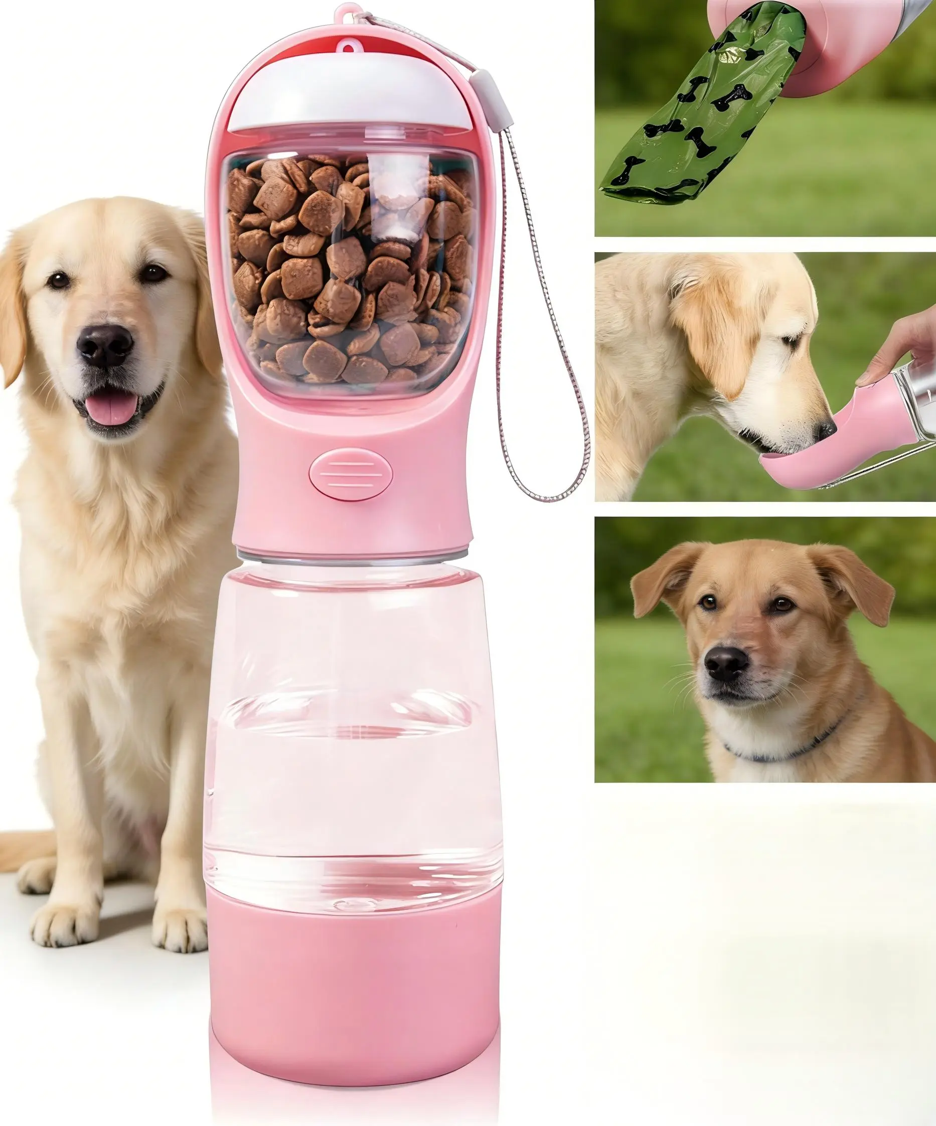 3 in 1 portable pet water bottle with leak proof storage & built in poop bag dispenser. Ideal for travel, hiking and outdoor walks with pets. Easy to take apart, simple to clean, practical and hassle free for daily outings. Dry Food Feeding tiktokshopspri