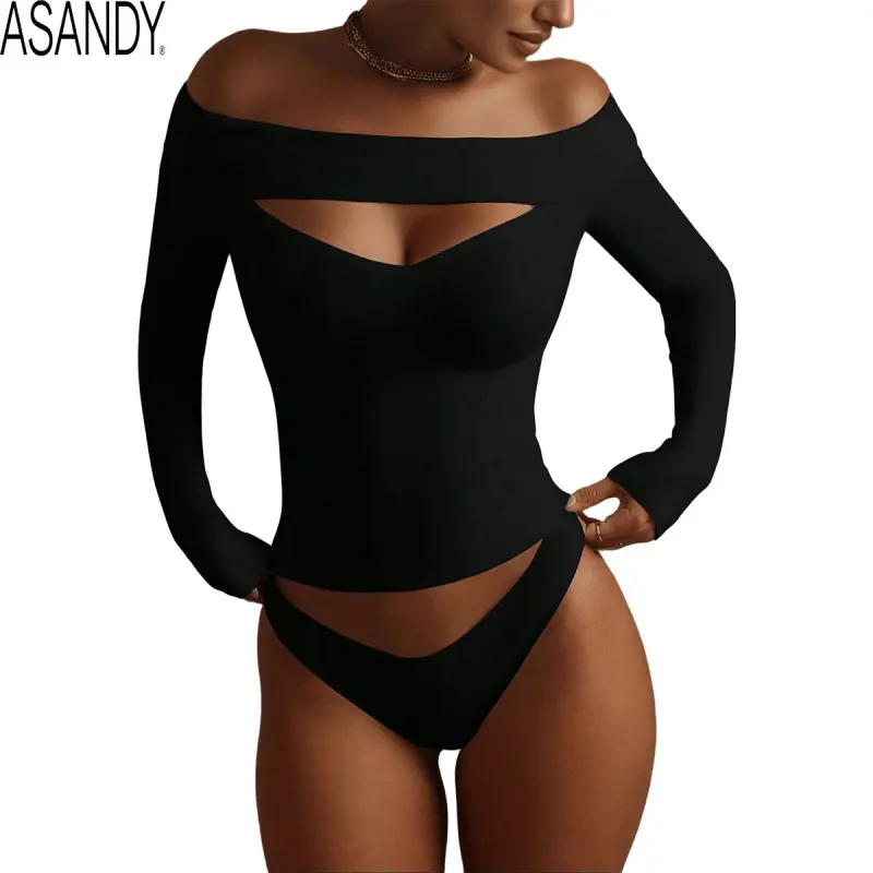 ASANDY Women's Bodysuit, Chic Off-Shoulder Cutout Top in Buttery-Soft Stretch Fabric, Long Sleeve Seamless Activewear for Yoga or a Night Out, Jeans, Leggings, Essential, Style, Lightweight, Off Shoulder Tops, Sporty Chic, Athletic, Spandex, Night Out Clo