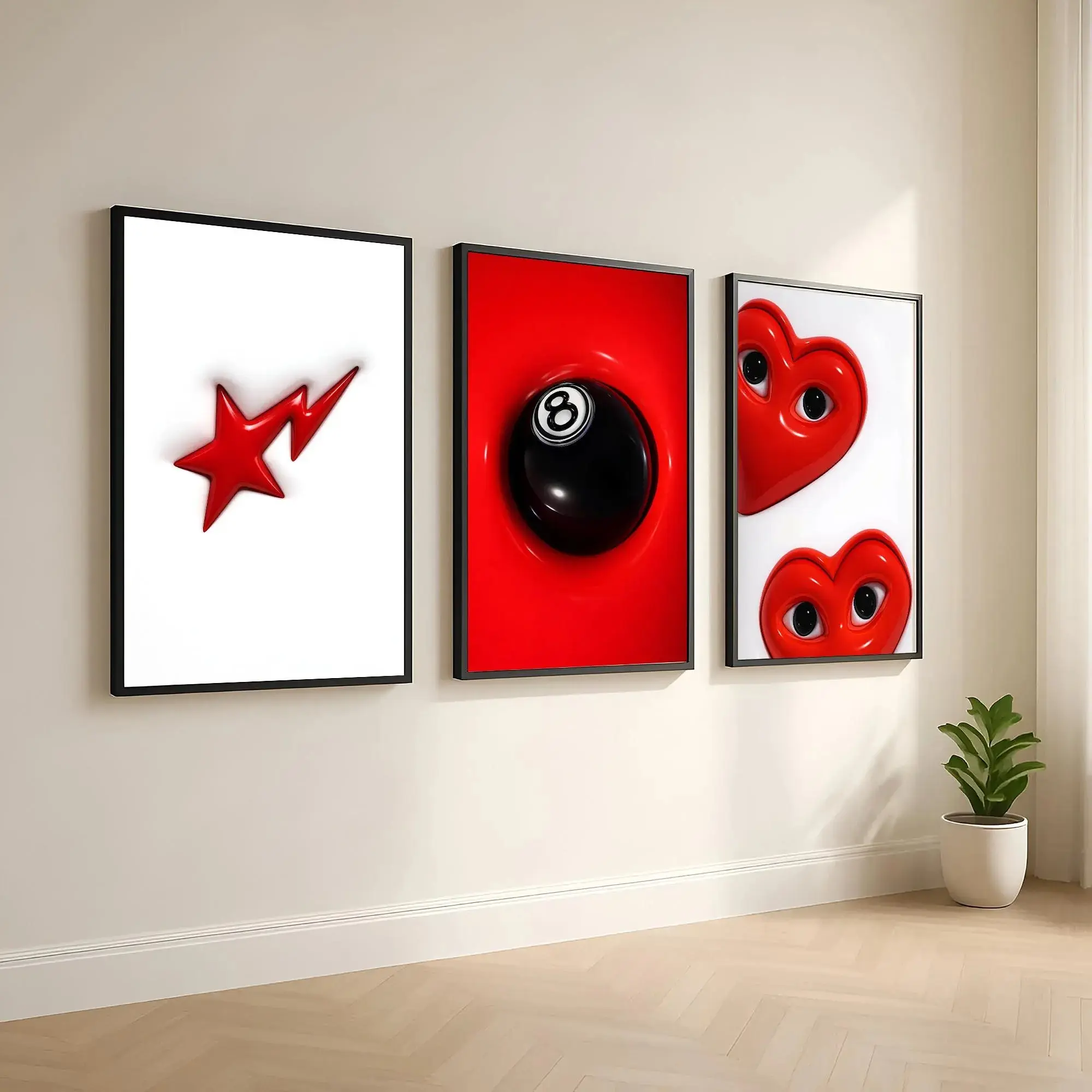 Y2K Hypebeast 3-Piece Wall Art Set - 8 Ball Print, Red Heart Poster, Red Star Print, Chic Apartment Gallery Wall Decor