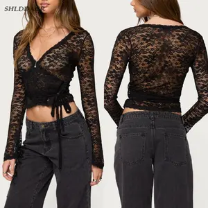 Women's Fashionable Sexy Sheer Lace Long-Sleeved Top - Deep V-Neck Wrap-Up Waist-Exposing Crop Top Shirt (Black)