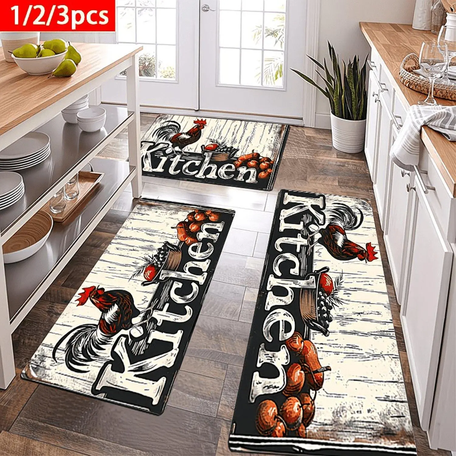 1pcs Spring Vitality Kitchen Carpet | Rooster and Fruit Style Flannel Carpet, Non-Slip, Soft, Comfortable, Easy to Clean, Suitable for Bathroom, Door Mat, Bedroom, Living Room