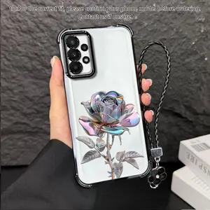 Suitable for [Galaxy A23] high-end women's phone case🥰，a beautiful four-leaf clover lanyard is included🍀，electroplated Four-Corner Shockproof phone casesophisticated, minimalist rose pattern YM99