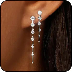 14K Gold Plated Dangle Earrings for Women Dainty Silver Drop Earring Trendy Small Long Dangling Wedding Bridesmaid Hoop Diamond Crystal Cute Earring Jewelry Valentine Gifts