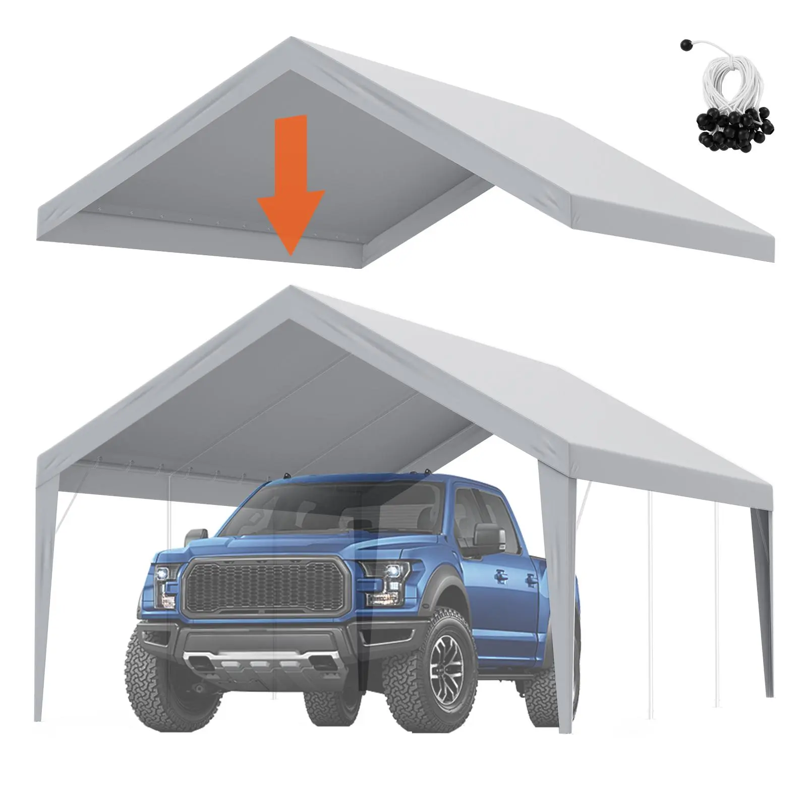 VEVOR 13'x20' Carport Replacement Canopy Cover, Heavy-Duty Waterproof Sun Protection Tarp with Ball Bungees & Aluminum Grommets, Easy Installation, Grey (Top Cover Only, Frame Not Included, Ideal for Weddings, Parties)