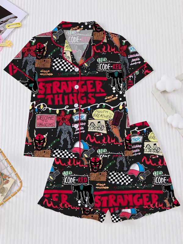 Stranger Things Kids Pajama Set, Cartoon Print Short Sleeves & Loose Fit Shorts, Casual Home Wear for Boys Girls