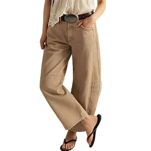 Chouyatou Women's Casual Mid-Rise Wide-Leg Jeans Loose-Fit Pull-On Style Y2K Boyfriend/Boho Cropped Jeans