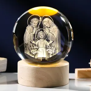 3D Engraved Crystal Jesus Holy Family Statue Figurine, 3D Crystal Ball Holy Family Statue Catholic with Wooden Base, Crystal Praying Hands with Jesus Christian Religious Easter Gifts