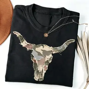Camo Longhorn Skull Patchwork Tee, Western Cow Skull, Quilted Farm Animal Head Tee, Gingham Floral Rustic Cow Lover Shirt, Printed Shirt