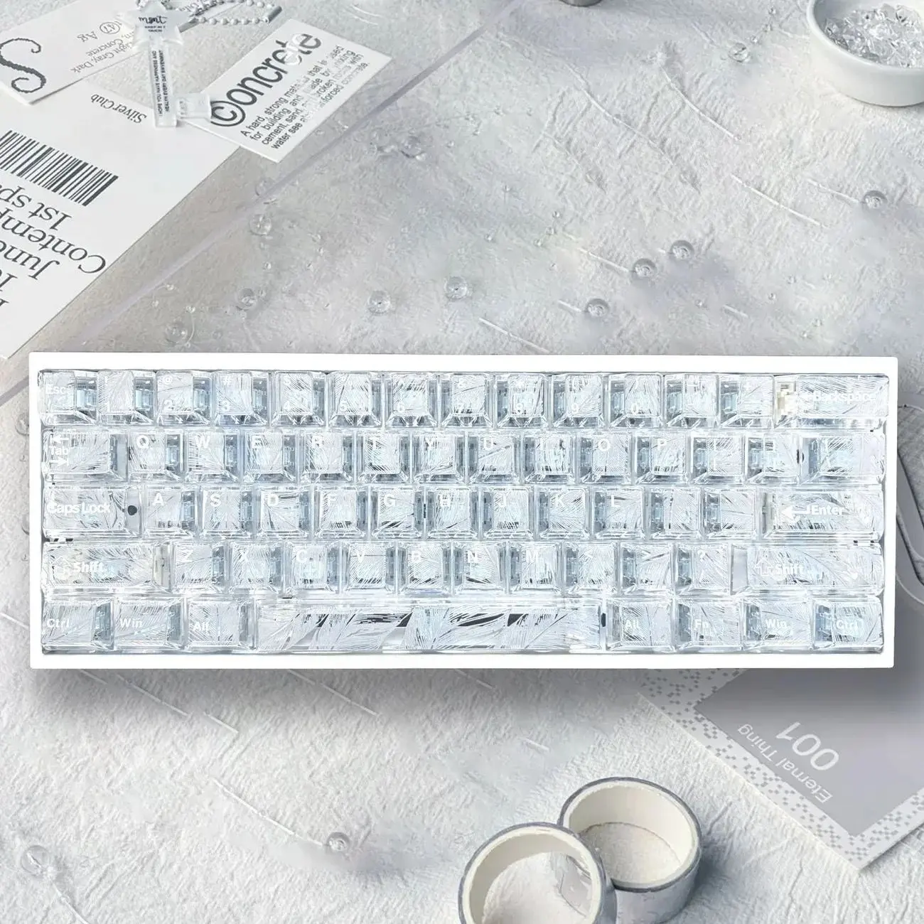 Glacier White PC Silver Feather Pattern Front-Printed Keycaps, Cherry Original Profile, 126-key Transparent White PC Feather Silk-Printed Keycaps, High Light Transmission, Keyboard Peripheral Accessories, Desktop Aesthetic Decoration