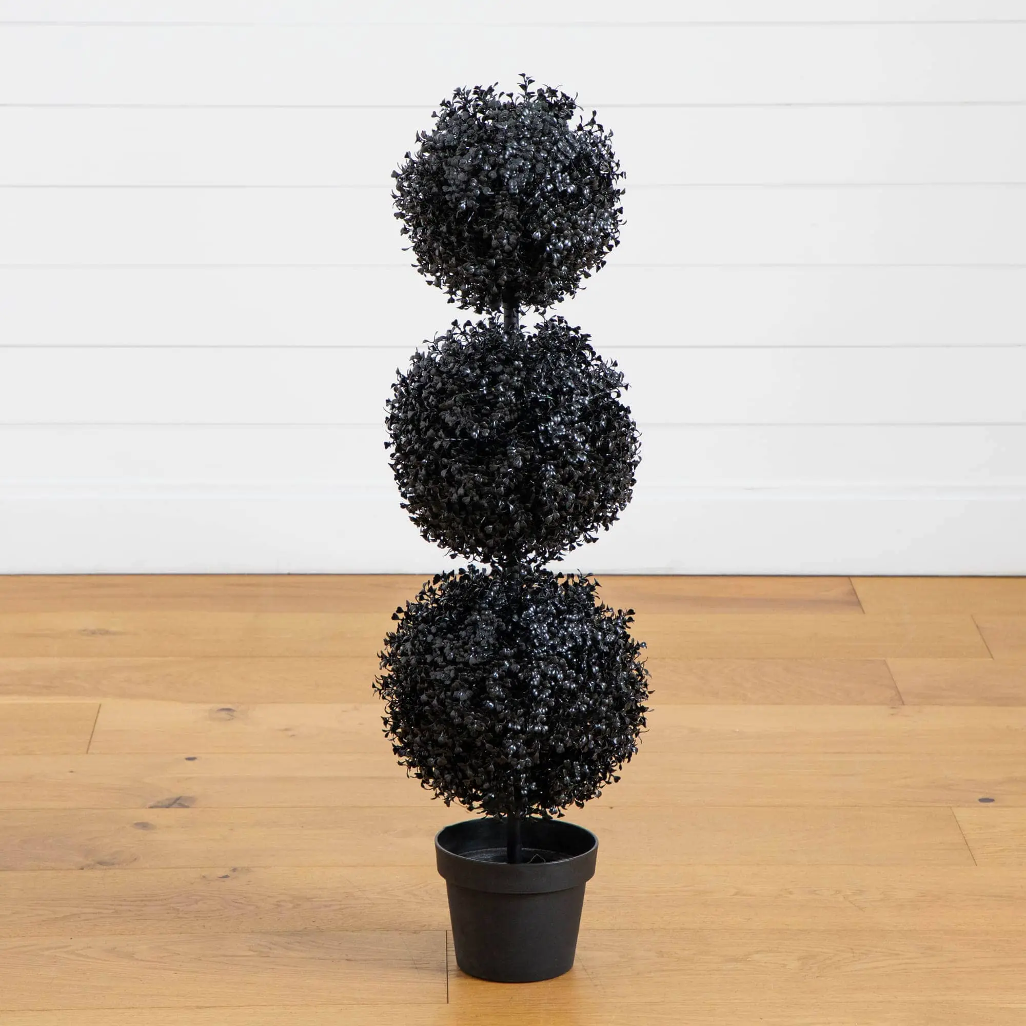 3-ft UV-Resistant Black Synthetic Triple Ball Boxwood Topiary Tree, European Lifelike Artificial Decor for Holiday, Indoor/Outdoors Festive Use with DIY Personal Touch
