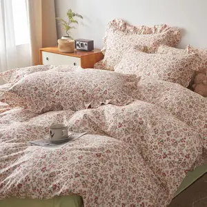 Ruffle Lace Comforter Set Queen Pink Floral Bedding Comforter Set Queen for Teen Girl Pink Floral Comforter Sets,Soft Boho Floral Comforter Sets with 2 Pillowcases