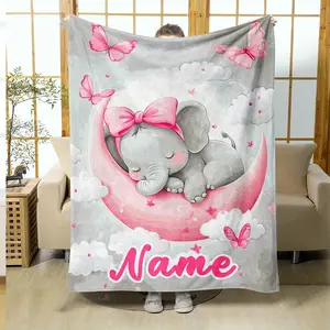 Made In Usa Custom Name The Cute Little Elephant On The Moon Personality Print Portable Blanket - Lightweight Flannel Throw For Sofa Bed Travel Camping Livingroom Office Couch Chair And Bed-Digital Printing Blanket With Soft And Warm Flannel