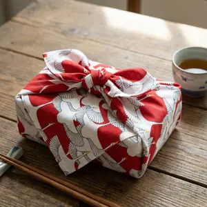 Hamamonyo Kofu Shukuzuru Red Bento Wrapping Cloth 100% Cotton Traditional Japanese Furoshiki Fabric with Stork Design 19.68"x19.68" Eco-Friendly Gift Wrapping